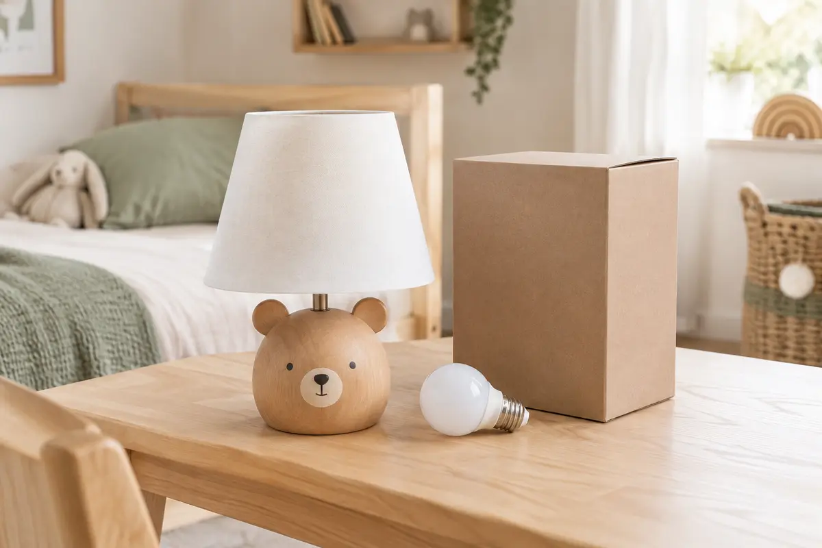 Lampe décorative pour chambre d’enfant avec une ampoule de remplacement posée à côté