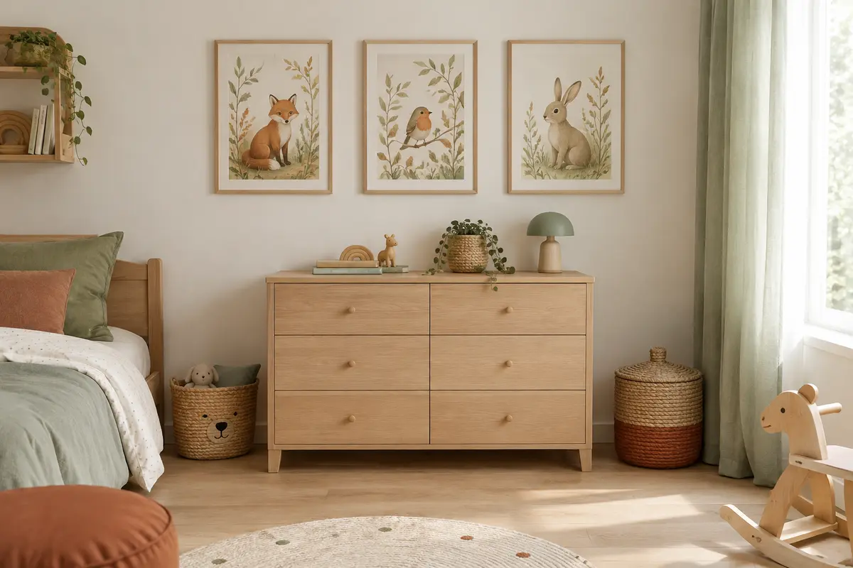 Trois affiches encadrées aux tons doux composent un mur épuré au-dessus d’une commode en bois clair.