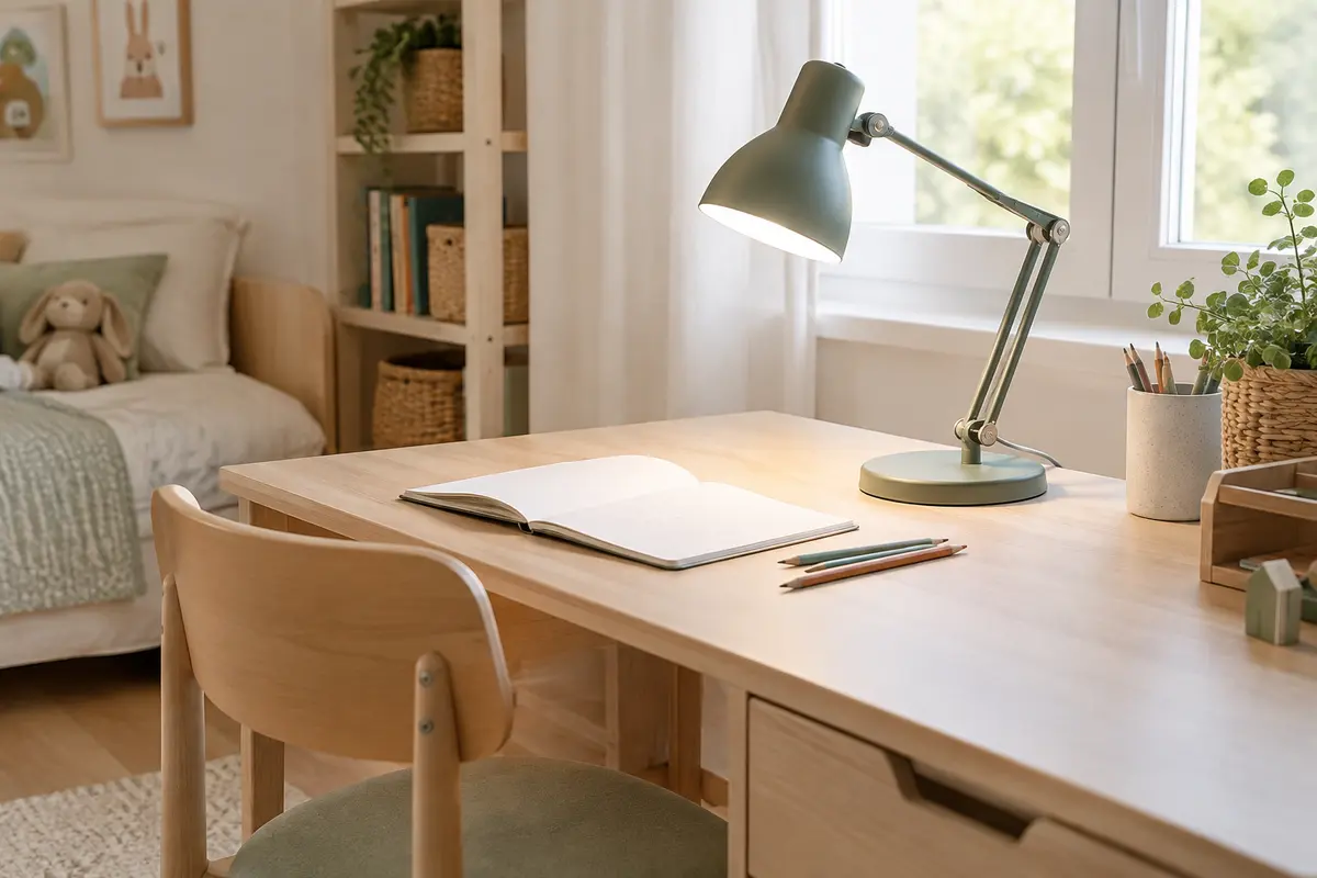 Lampe à poser orientable éclairant un cahier sur un bureau d’enfant sans reflet marqué
