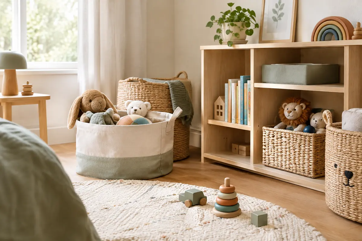 Paniers décoratifs pour jouets disposés au sol et sur une étagère basse dans une chambre d’enfant