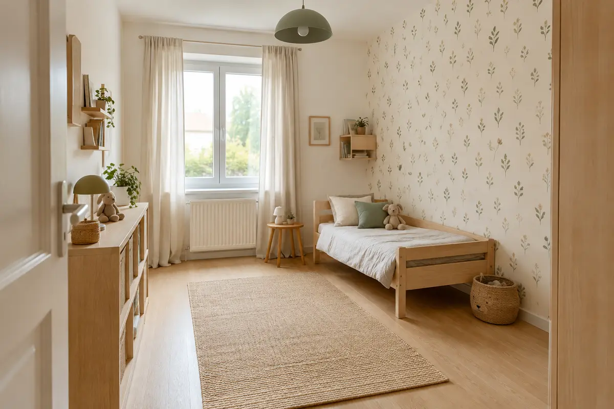 Petite chambre d’enfant avec un papier peint clair à petits motifs végétaux sur un seul mur