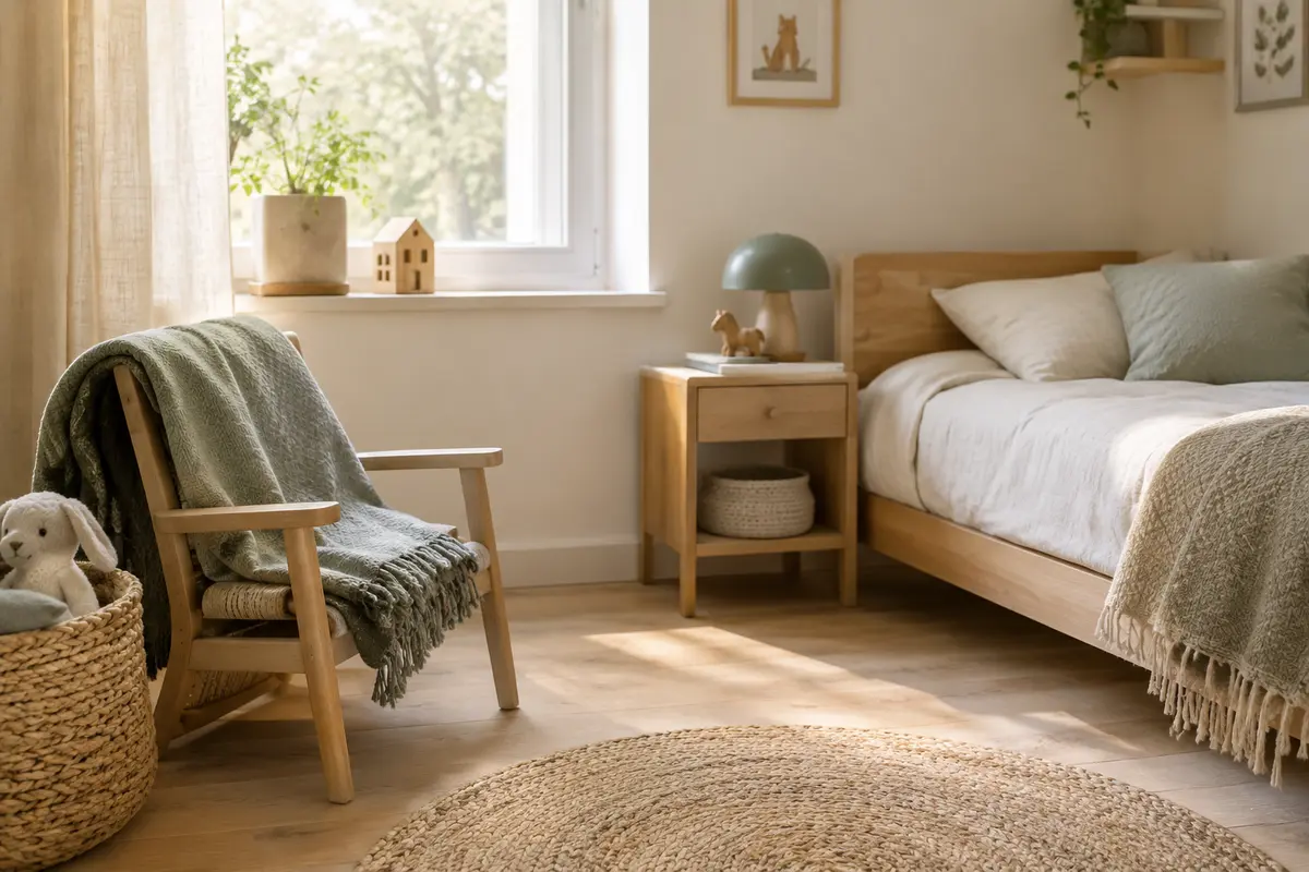 Plaid plié sur un fauteuil et textile léger posé au pied d’un lit dans une chambre d’enfant