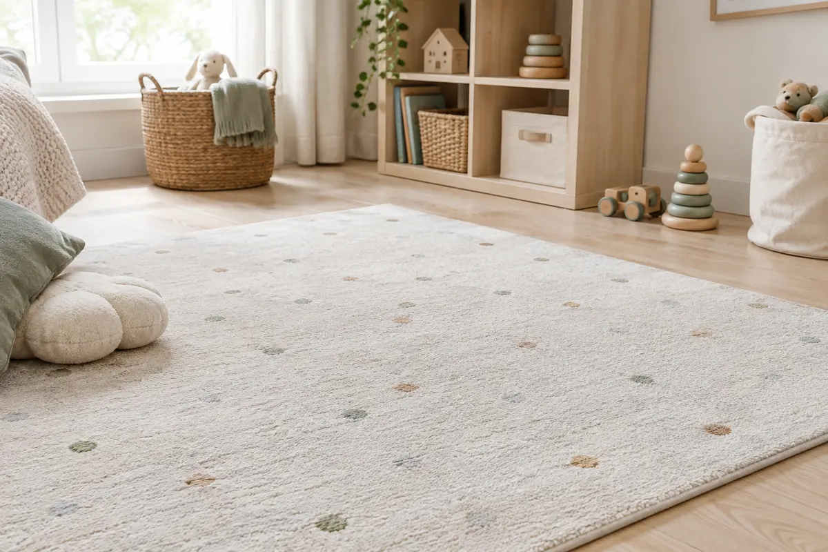 Tapis à poil ras dans une chambre d’enfant claire, près d’un coin de jeu rangé