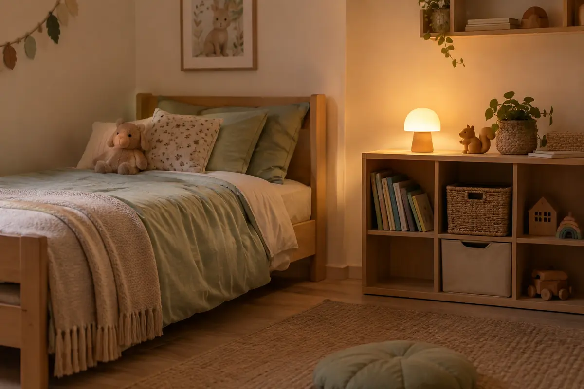 Veilleuse à lumière douce posée sur une étagère dans une chambre d’enfant au coucher.