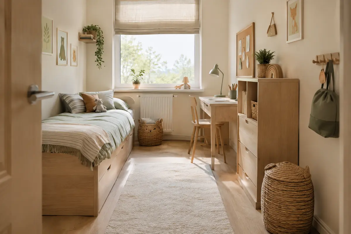 Petite chambre d’enfant avec quelques accessoires muraux et un passage dégagé entre la porte et les meubles.