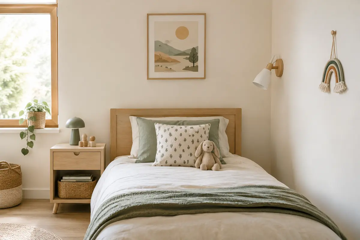 Lit d’enfant avec une affiche légère au mur et une décoration plane placée sur le côté.