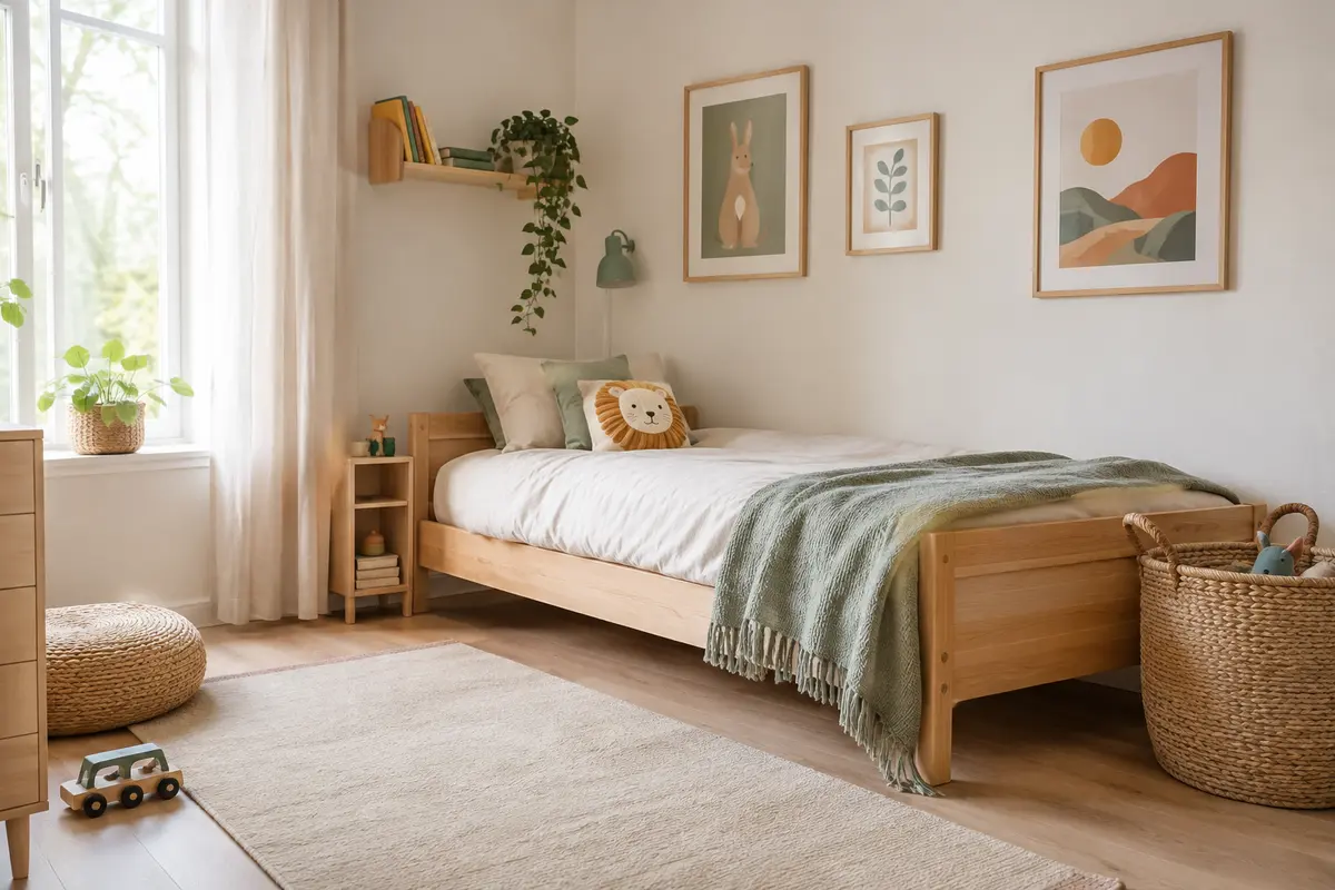 Chambre d’enfant avec textiles réutilisables, paniers et affiches faciles à faire évoluer