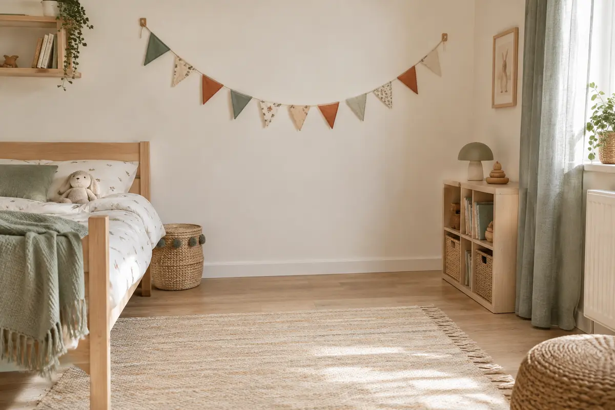Guirlande en tissu fixée sur un mur dégagé, loin du radiateur et du passage dans une chambre d’enfant