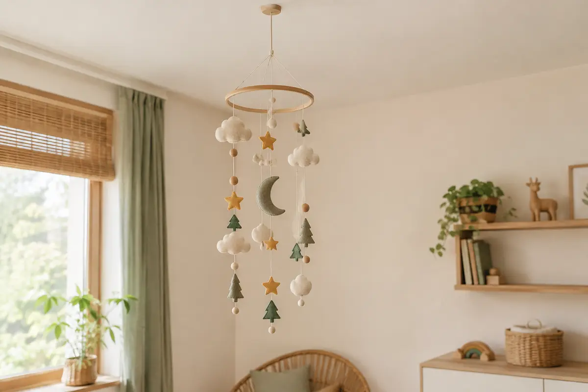 Mobile décoratif suspendu dans un coin de chambre d’enfant, loin du lit
