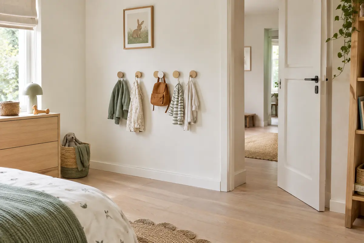 Patères murales avec quelques vêtements dans une chambre d’enfant, à côté d’un passage dégagé.