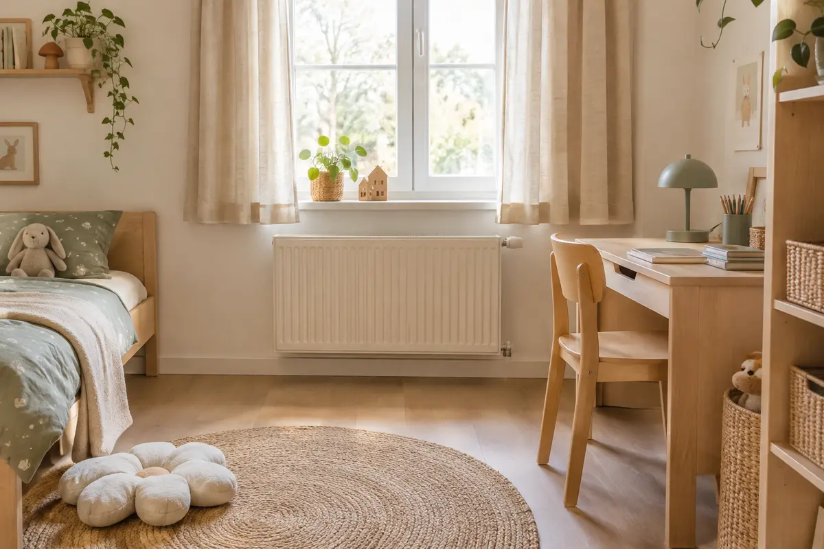Rideaux courts près d’un bureau et d’un radiateur dans une chambre d’enfant lumineuse