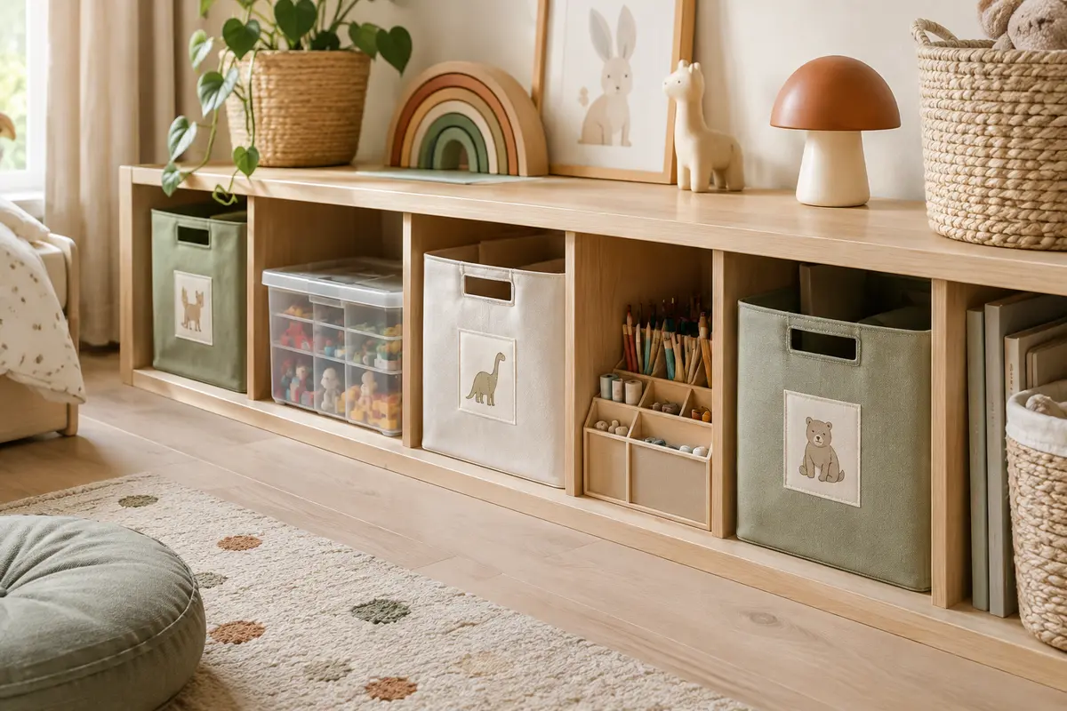 Boîtes de rangement étiquetées et organisées par activité sur une étagère de chambre d’enfant
