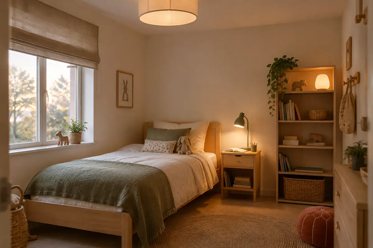 Chambre d’enfant avec éclairage général, lampe de lecture et petite lumière d’ambiance