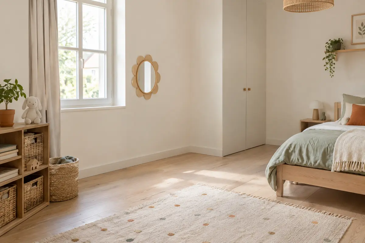 Miroir décoratif fixé sur un mur latéral, loin du lit et du passage dans une chambre d’enfant lumineuse.