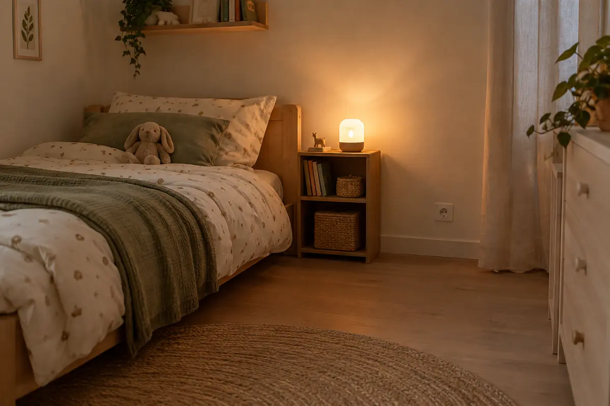 Veilleuse diffusant une lumière douce sur un mur, à distance du lit et des zones de passage.
