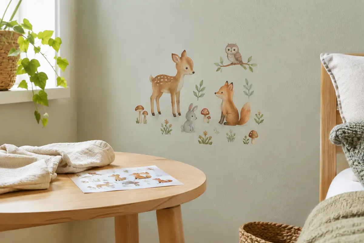 Sticker illustré posé sur un mur peint lisse dans une chambre d’enfant lumineuse