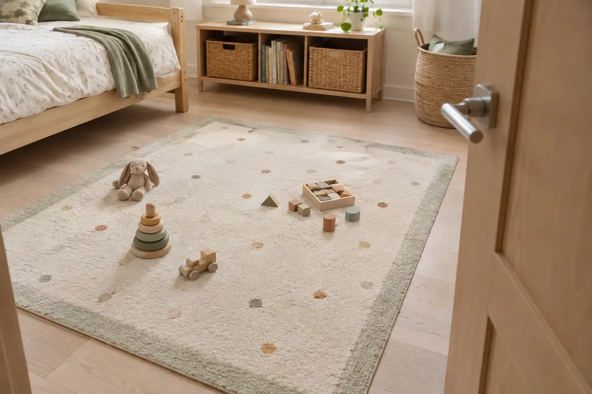 Tapis rectangulaire délimitant un coin de jeu, placé à distance de la porte entrouverte.