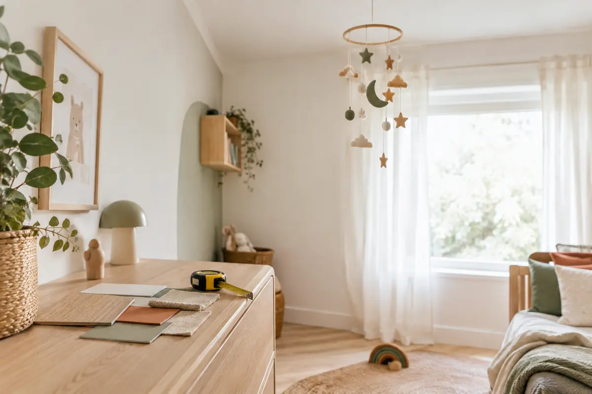 Coin de chambre d’enfant avec un mobile décoratif et des échantillons de matériaux