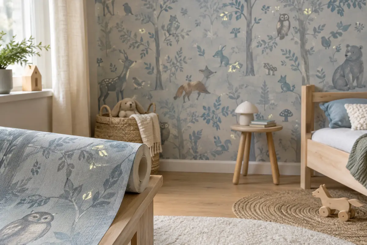 Papier peint intissé bleu et gris à motif d’animaux de la forêt dans une chambre d’enfant