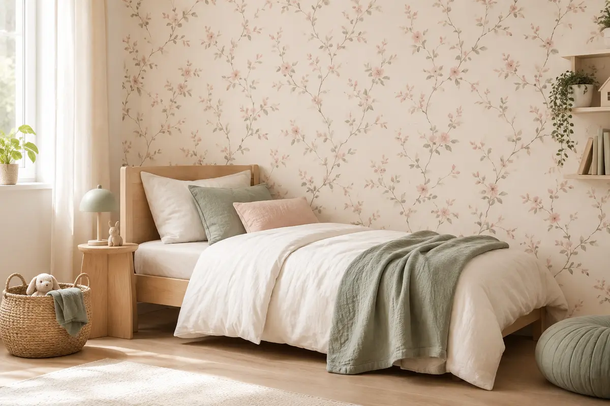 Papier peint intissé crème et rosé à branches fleuries dans une chambre d’enfant au décor naturel.