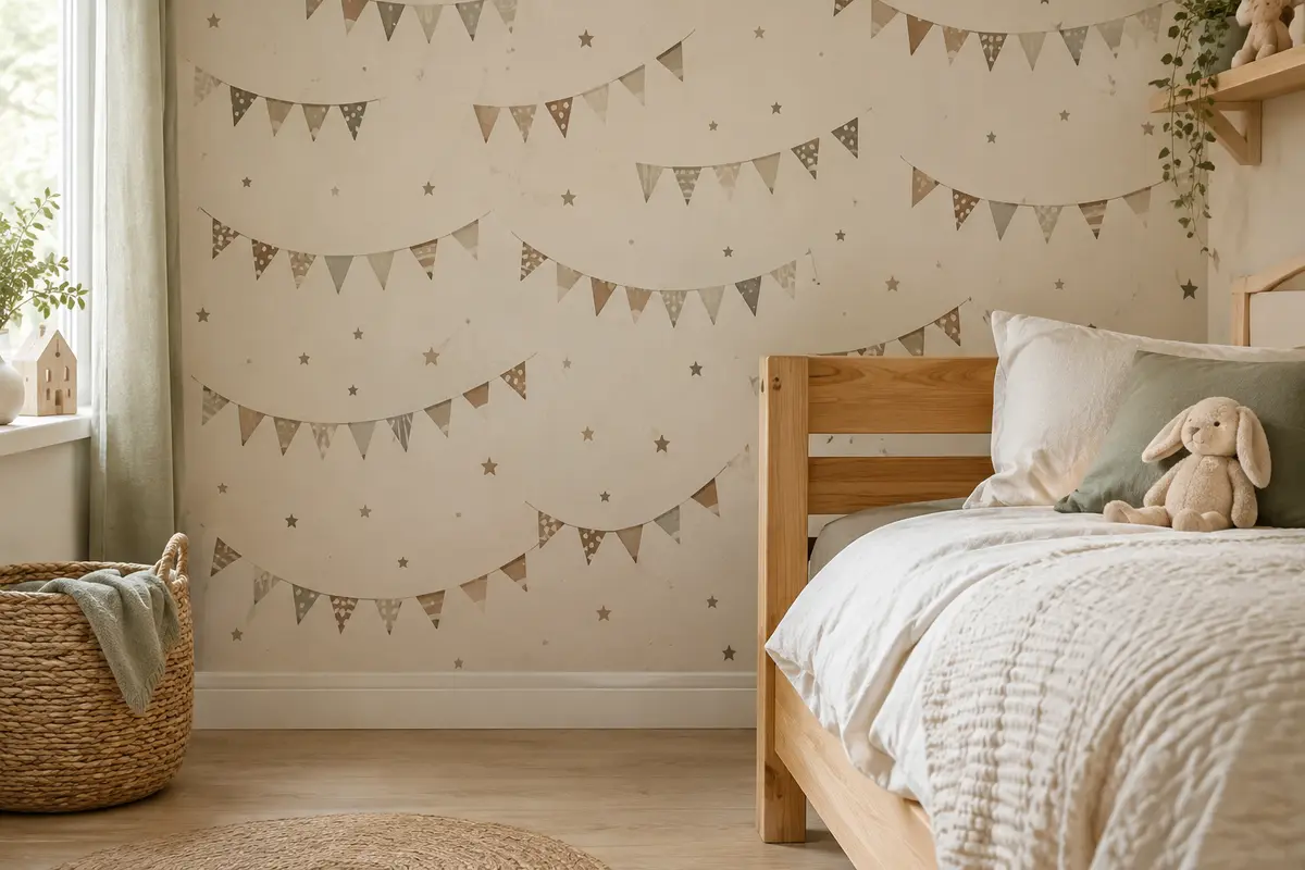 Papier peint intissé à fanions bruns et gris dans une chambre d’enfant lumineuse