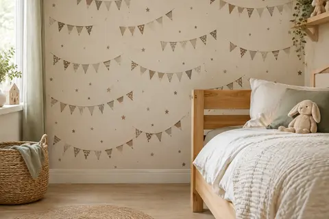 Papier peint intissé à fanions bruns et gris dans une chambre d’enfant lumineuse
