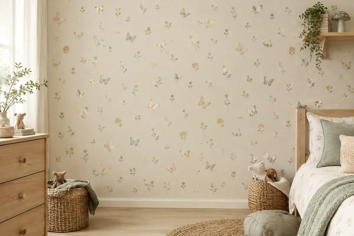 Papier peint beige métallisé à motifs de papillons et de fleurs sur le mur d’une chambre d’enfant