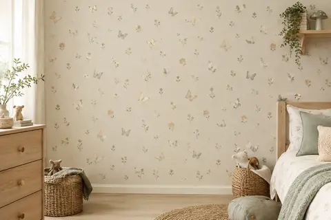 Papier peint beige métallisé à motifs de papillons et de fleurs sur le mur d’une chambre d’enfant