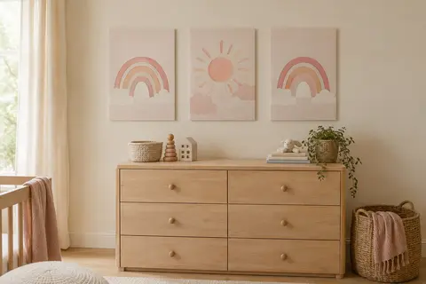 Trois posters en toile aux motifs roses d’arc-en-ciel, de nuages et de soleil sur un mur crème