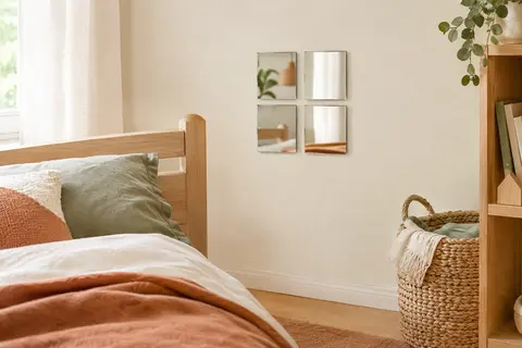Quatre petits miroirs carrés en acrylique fixés au mur d’une chambre d’enfant lumineuse