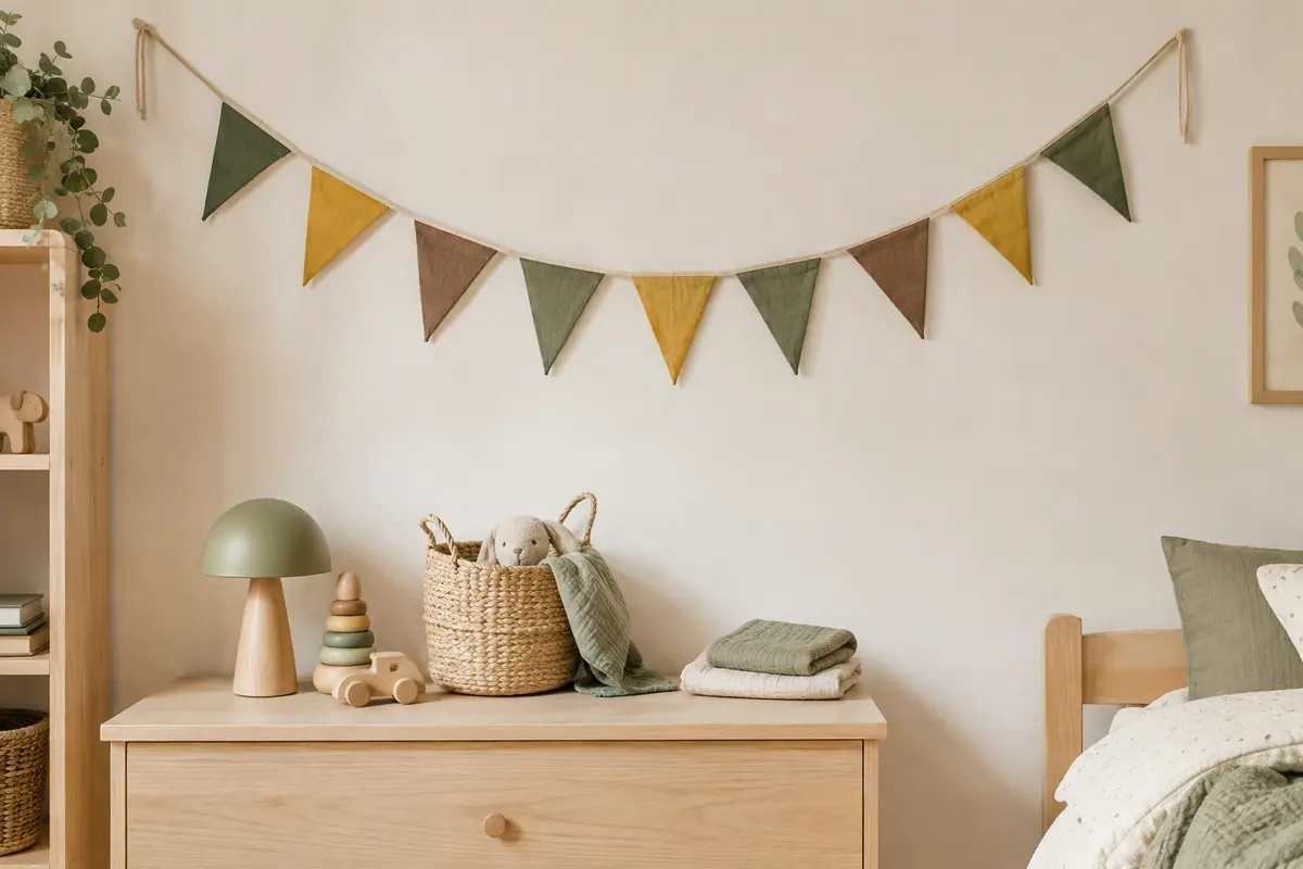 Guirlande en coton à dix fanions verts, jaunes et marron suspendue dans une chambre d’enfant.
