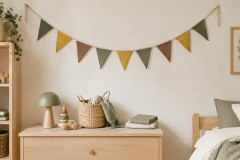 Guirlande en coton à dix fanions verts, jaunes et marron suspendue dans une chambre d’enfant.