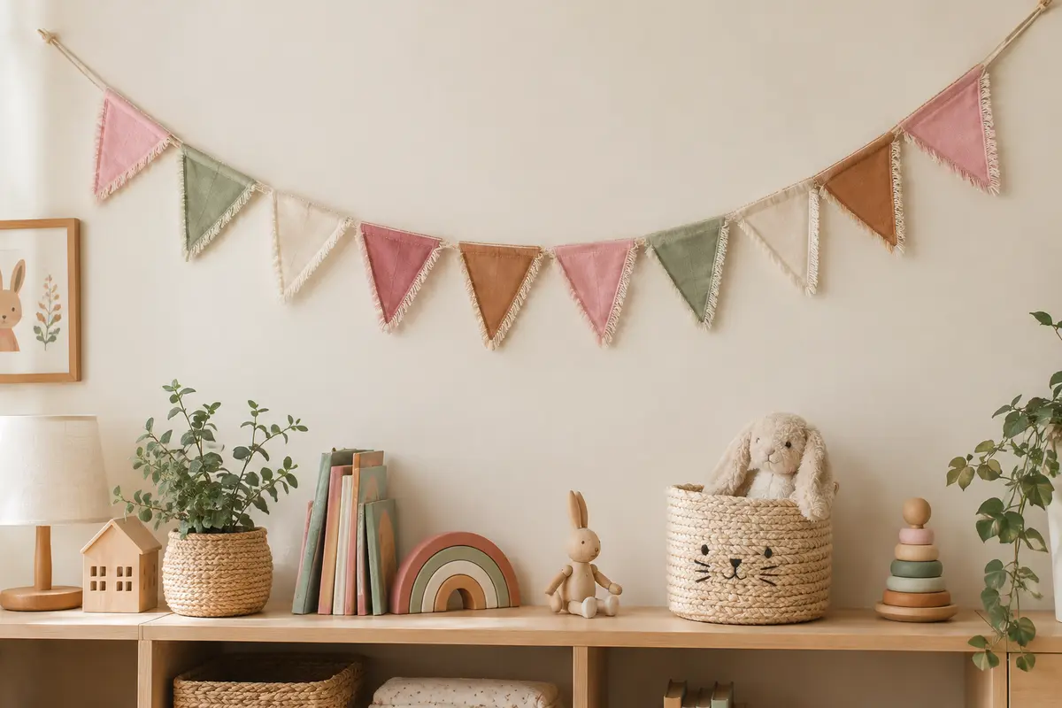 Guirlande en coton à dix fanions triangulaires suspendue sur un mur crème de chambre d’enfant.