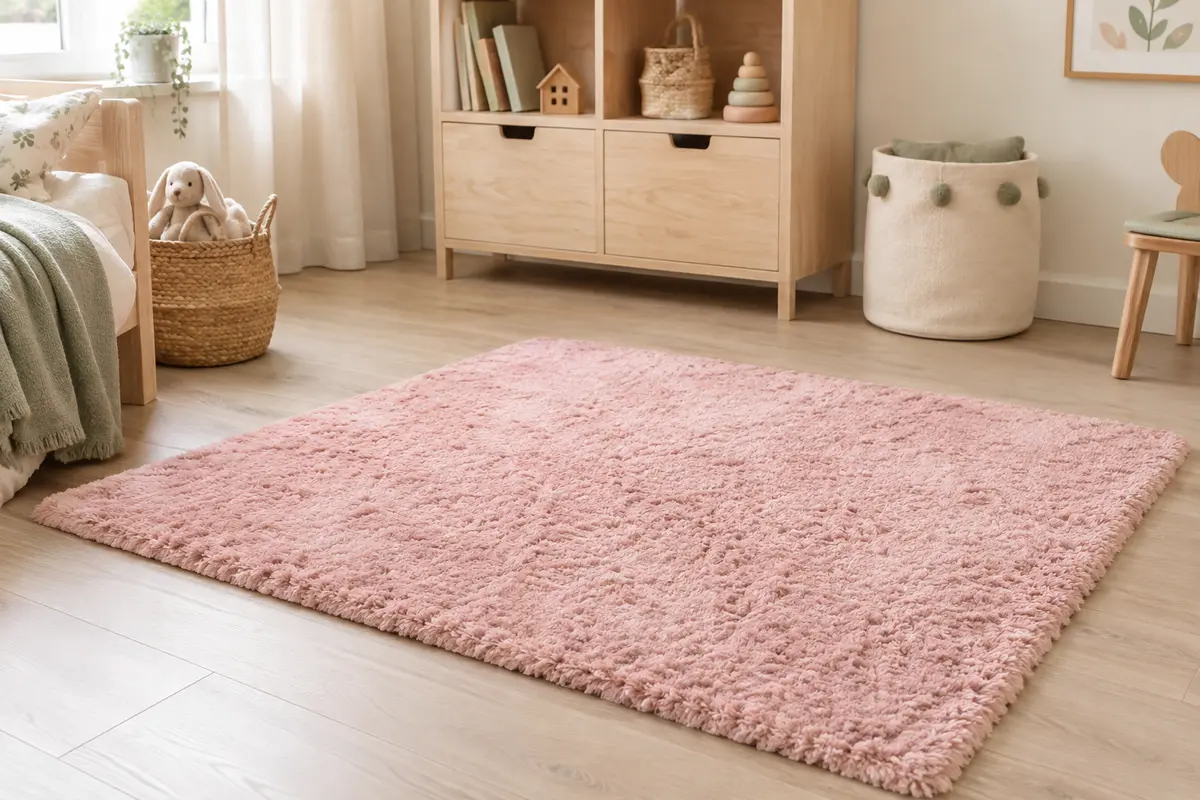 Tapis rose à poils longs posé au sol dans une chambre d’enfant lumineuse avec mobilier en bois clair.