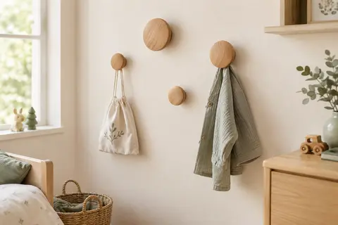 Quatre patères rondes en hêtre massif aux diamètres variés, installées sur un mur crème de chambre d’enfant.