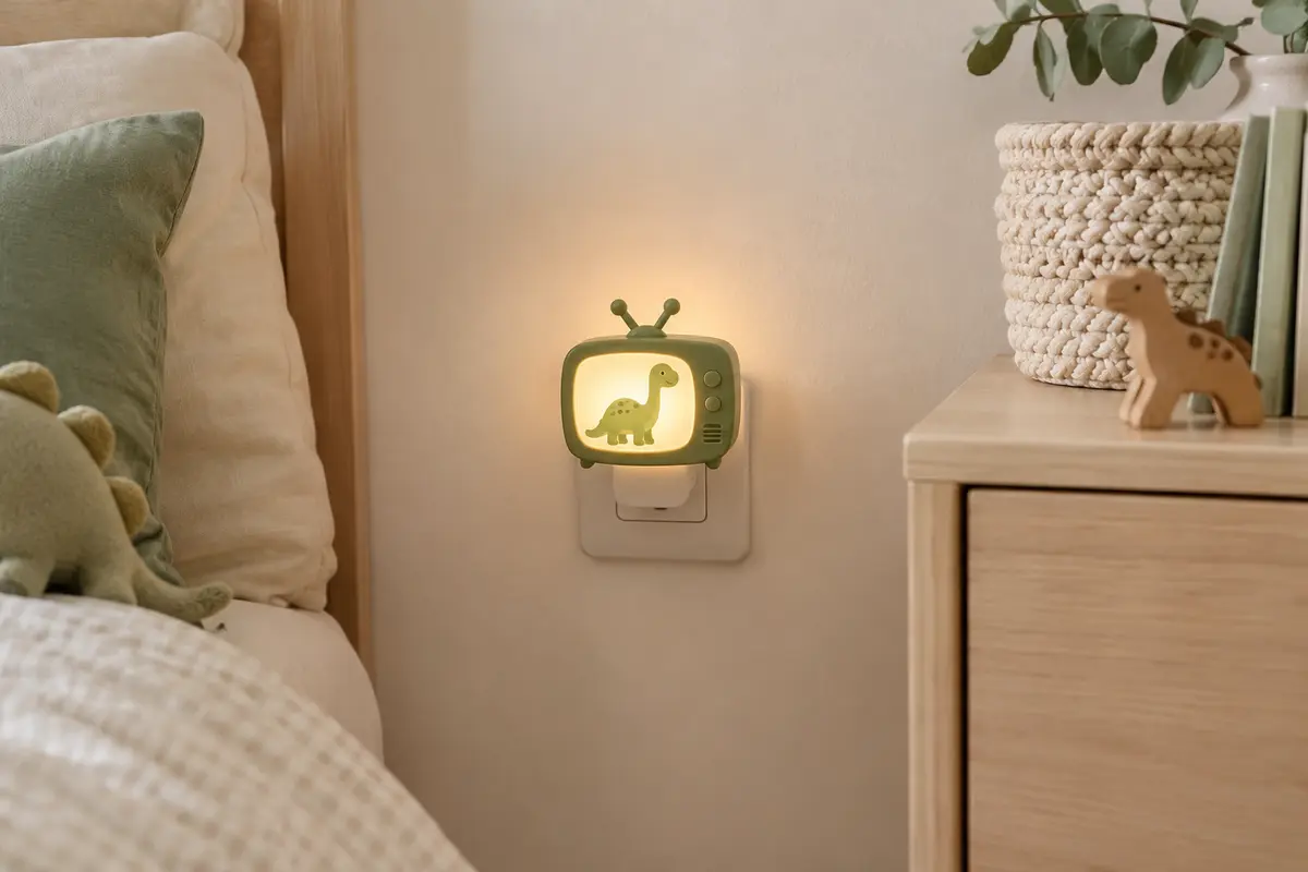 Veilleuse à prise en forme de mini-télévision avec motif dinosaure, diffusant une lumière chaude dans une chambre d’enfant.