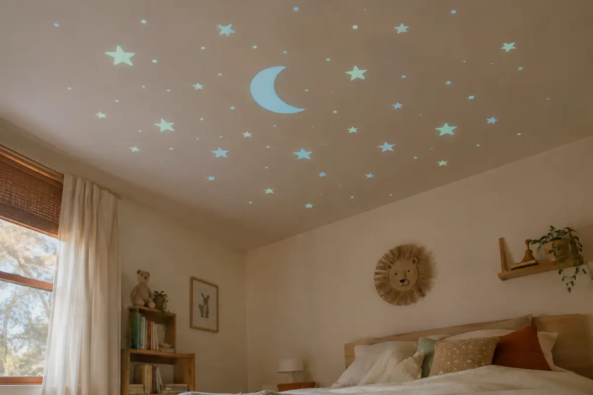 Lune bleu ciel et stickers phosphorescents en forme d’étoiles disposés au plafond d’une chambre d’enfant.