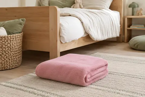 Plaid polaire rose plié au pied d’un lit d’enfant dans une chambre lumineuse aux tons doux.