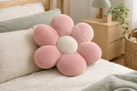 Coussin marguerite rose en peluche courte posé sur un lit clair dans une chambre d’enfant.
