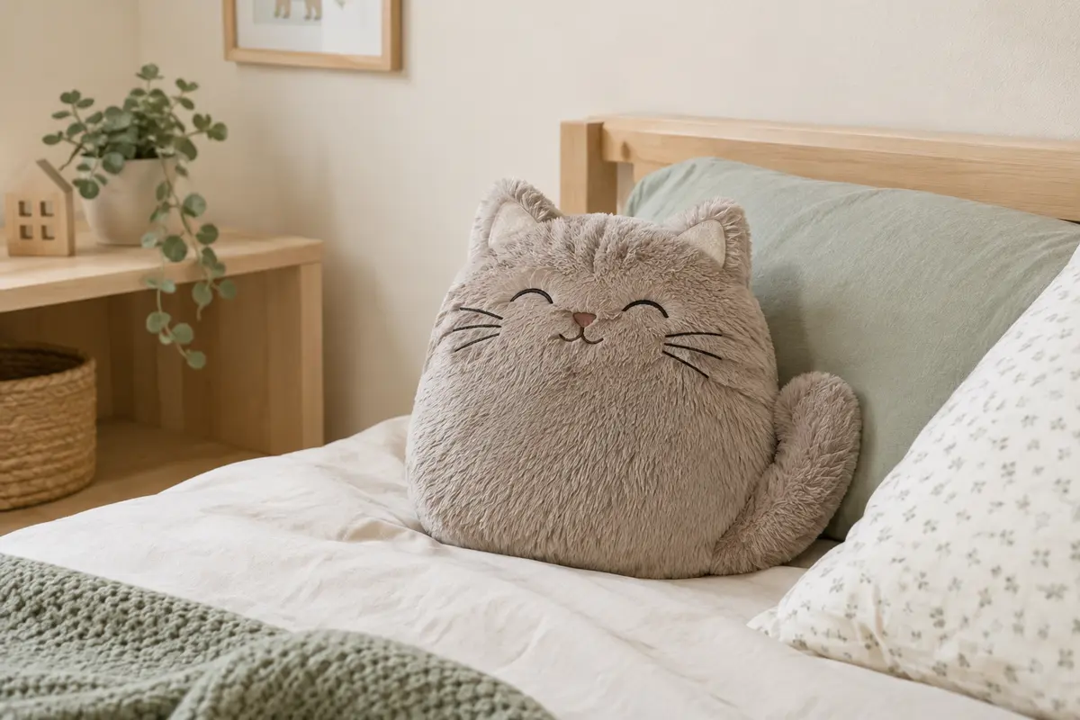 Coussin décoratif en forme de chat à surface en fourrure synthétique posé sur un lit d’enfant.