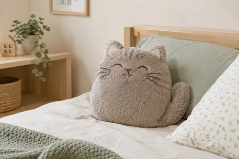 Coussin décoratif en forme de chat à surface en fourrure synthétique posé sur un lit d’enfant.