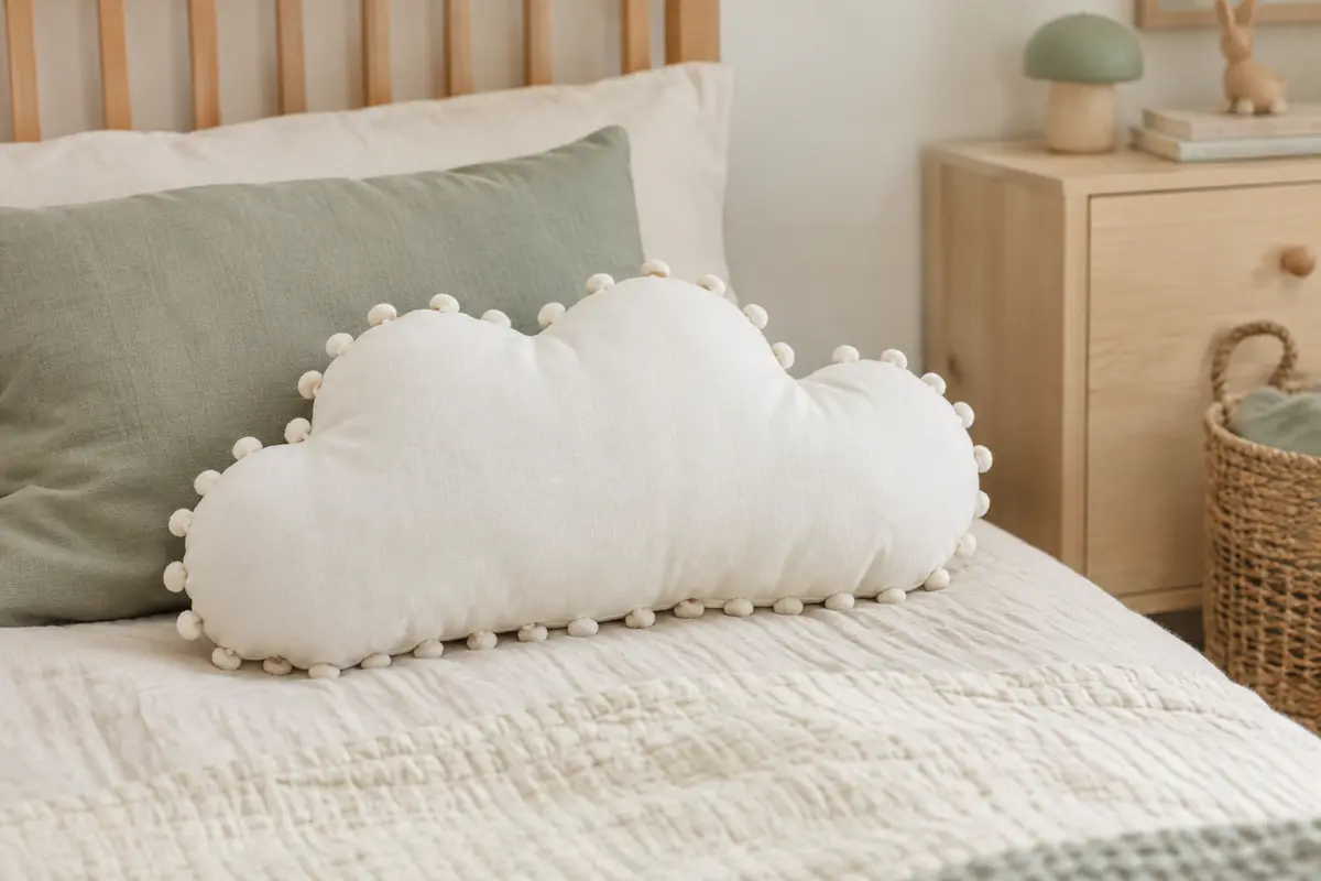Coussin décoratif blanc en coton, en forme de nuage avec des pompons, posé sur un lit d’enfant