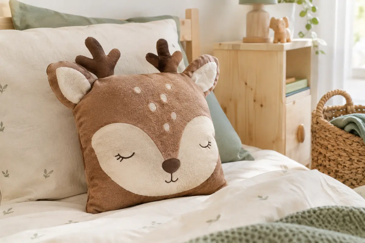Coussin marron en forme de tête de biche posé sur un lit d’enfant aux textiles clairs