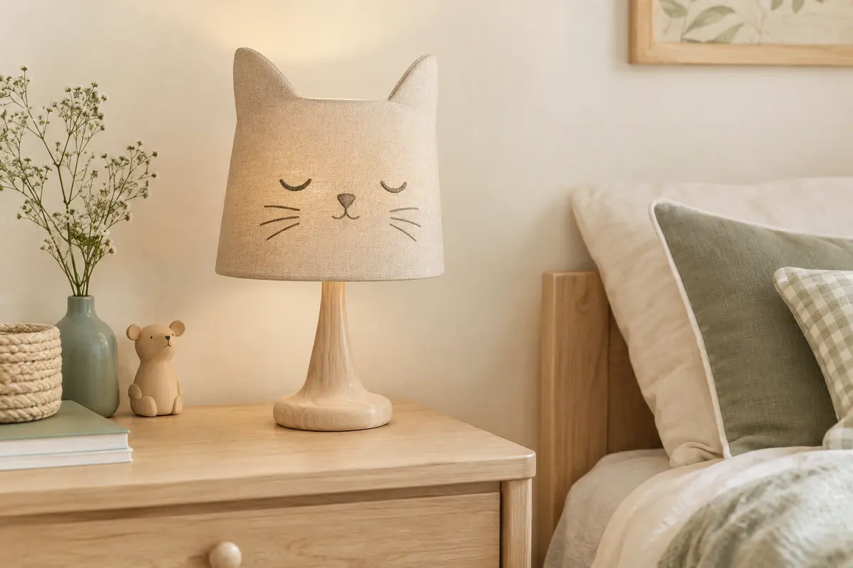 Lampe à poser pour chambre d’enfant avec abat-jour textile en forme de chat et pied en bois clair.