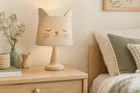 Lampe à poser pour chambre d’enfant avec abat-jour textile en forme de chat et pied en bois clair.