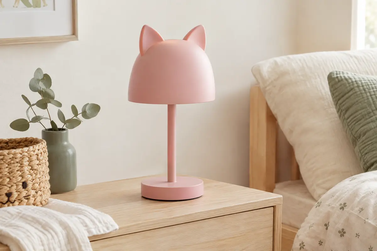 Lampe à poser en métal rose mat avec oreilles de chat, installée sur un meuble en bois clair