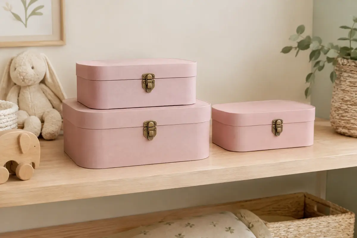 Trois valisettes de rangement en carton rose, de tailles différentes, empilées dans une chambre d’enfant.