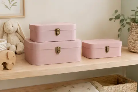 Trois valisettes de rangement en carton rose, de tailles différentes, empilées dans une chambre d’enfant.