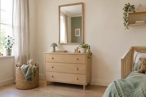 Miroir mural rectangulaire à finition bois installé au-dessus d’une commode dans une chambre d’enfant