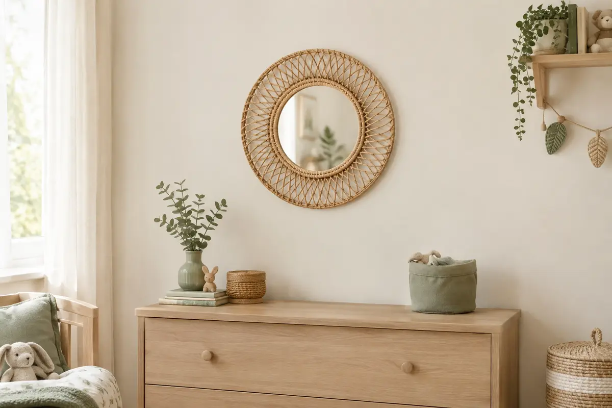 Miroir mural rond en rotin beige avec petit miroir central, installé sur un mur crème de chambre d’enfant.